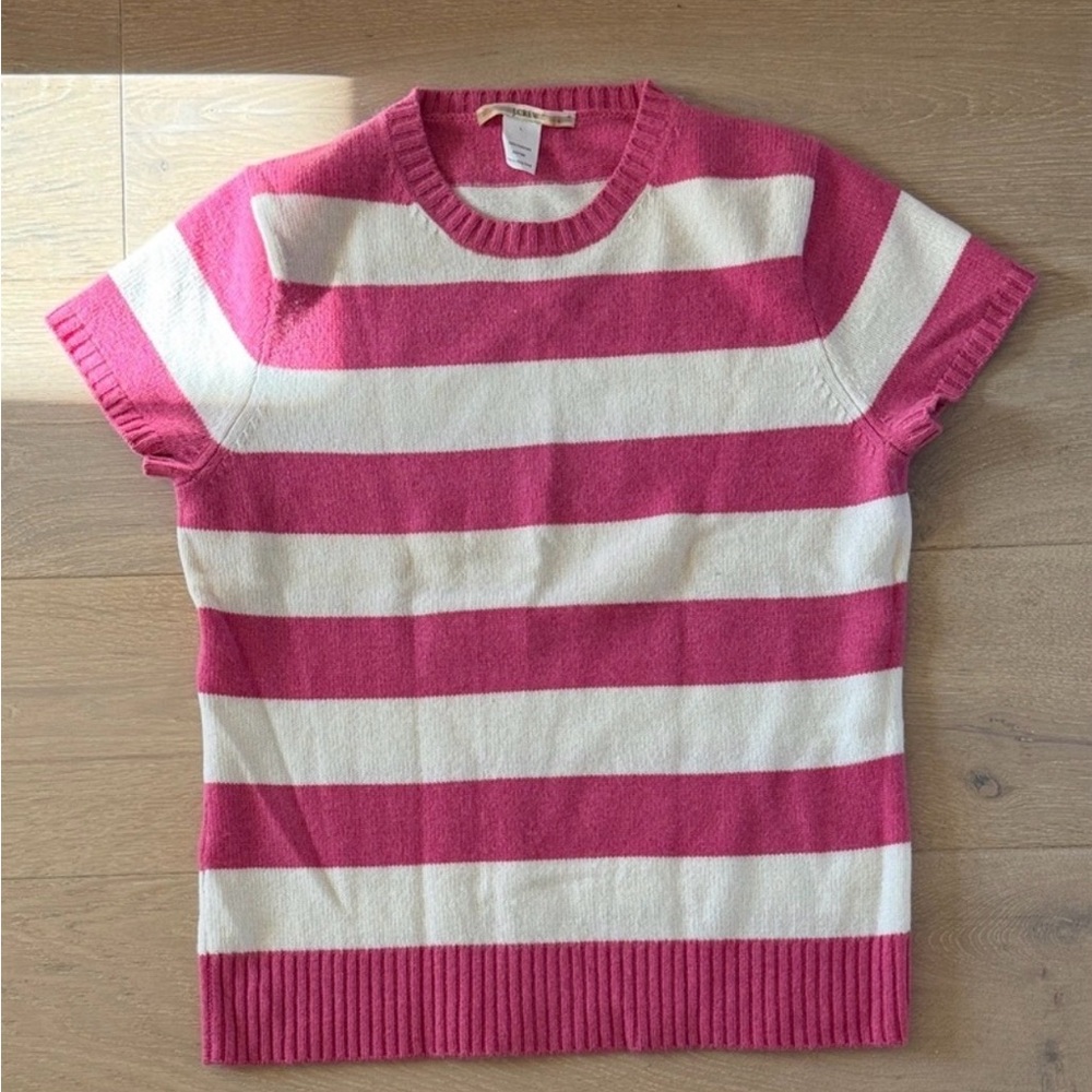 J. Crew Pink and White Striped Crew Neck 100% Cashmere Sweater